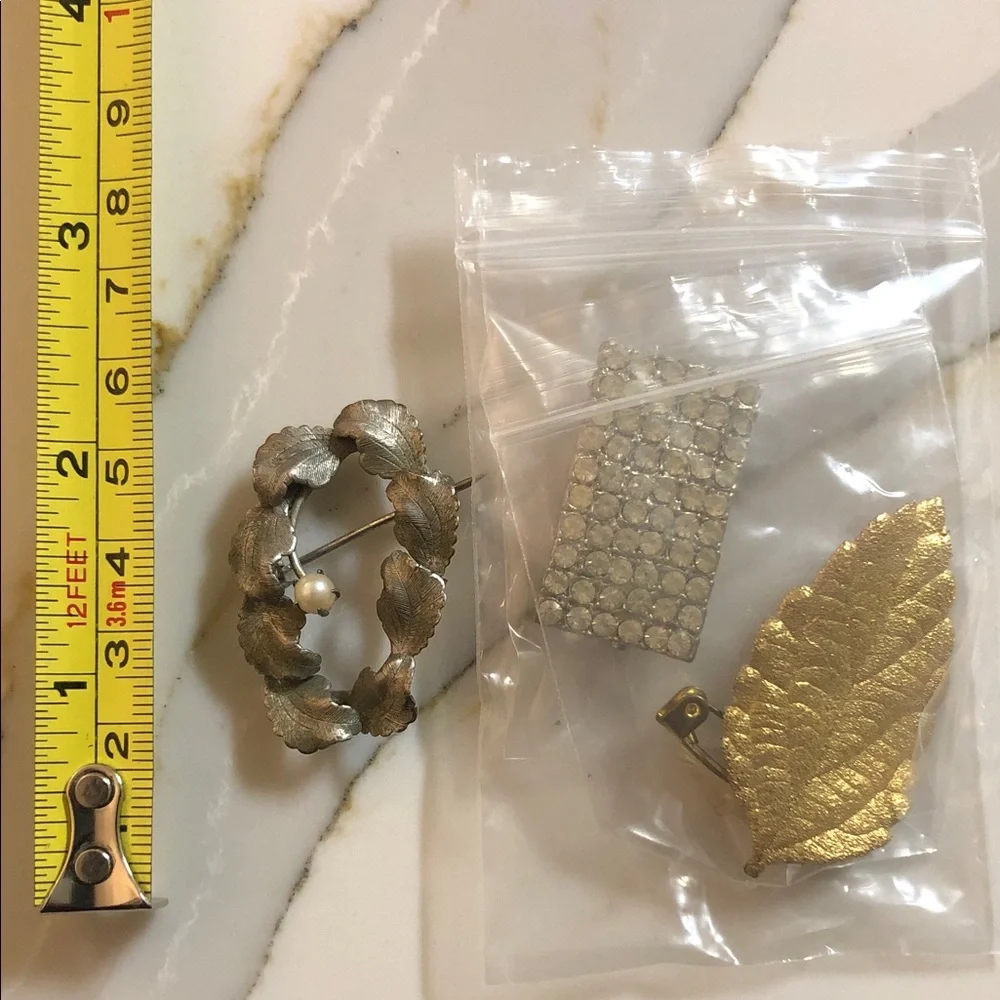Gold Leaf and Crystal, and Sterling Silver Pin Brooches Women’s 3-piece Set